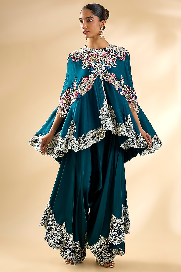 Peacock Blue Dupion Silk Cape Set by Minaxi Dadoo at Pernia's Pop Up Shop