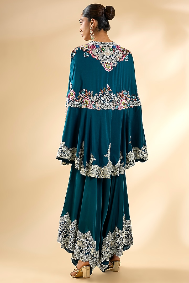 Peacock Blue Dupion Silk Cape Set by Minaxi Dadoo at Pernia's Pop Up Shop
