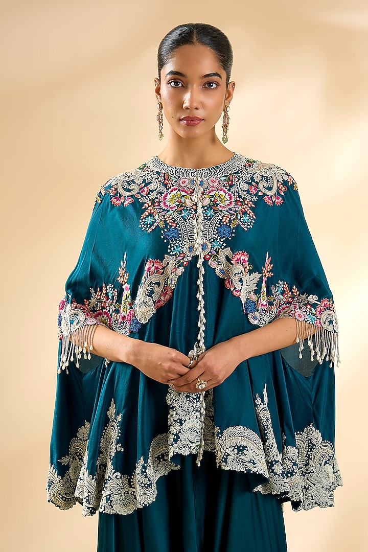 Peacock Blue Dupion Silk Cape Set by Minaxi Dadoo at Pernia's Pop Up Shop