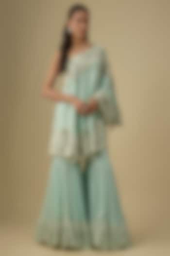 Powder Blue Organza Pearl Work Gharara Set by Minaxi Dadoo at Pernia's Pop Up Shop