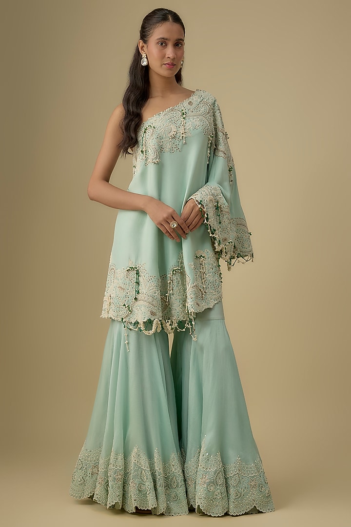 Powder Blue Organza Pearl Work Gharara Set by Minaxi Dadoo at Pernia's Pop Up Shop