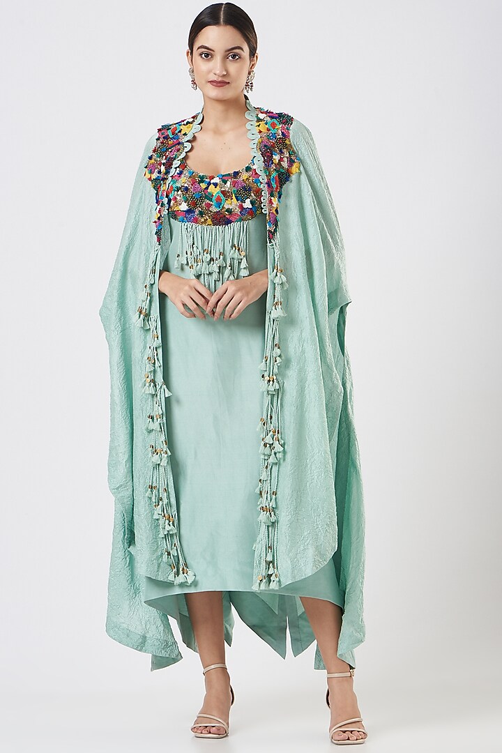 Pale Turquoise Midi Dress With Cape by Minaxi Dadoo