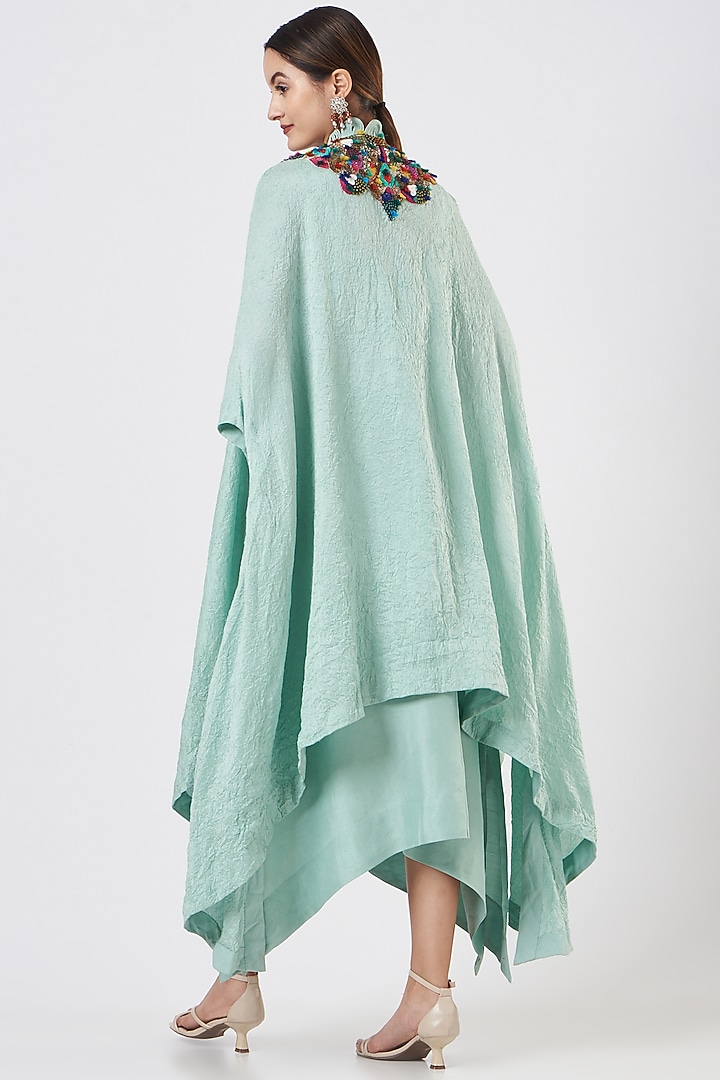 Pale Turquoise Midi Party Wear Dress With Cape by Minaxi Dadoo at Pernia's Pop Up Shop