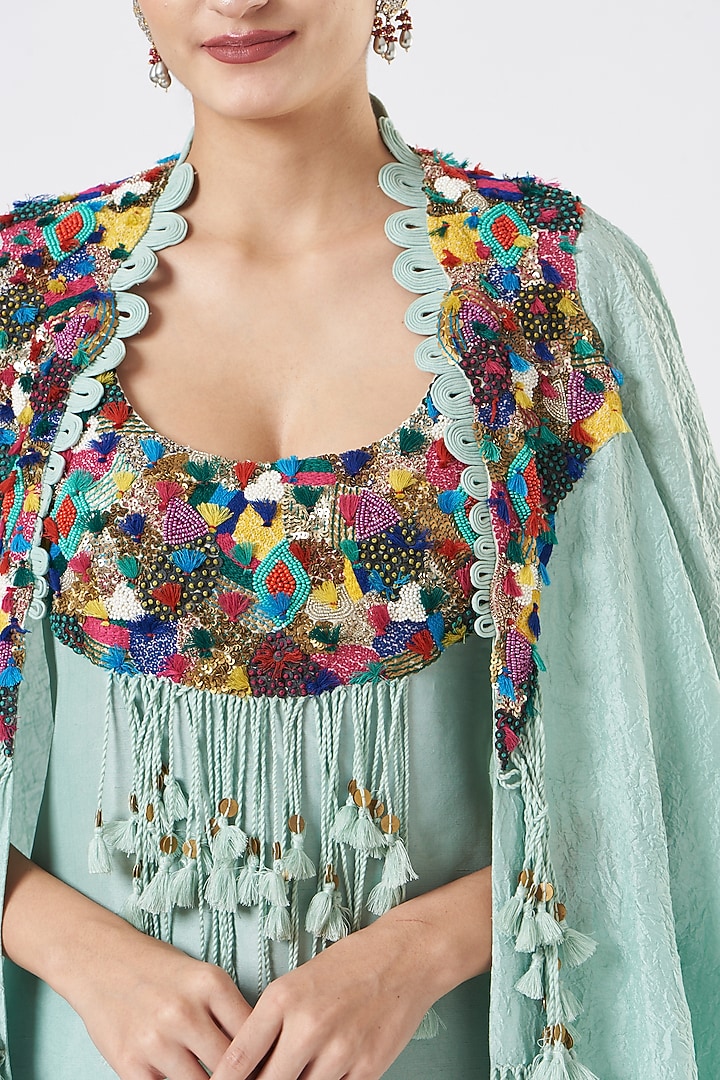 Pale Turquoise Midi Party Wear Dress With Cape by Minaxi Dadoo at Pernia's Pop Up Shop