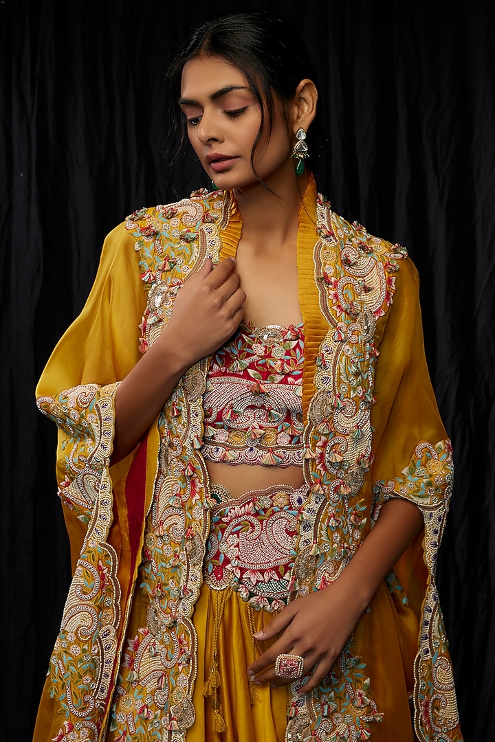 Yellow Chanderi & Organza Embroidered Jacket Bridal Lehenga Set by Minaxi Dadoo at Pernia's Pop Up Shop