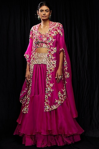 Rani Pink Organza & Silk Embroidered Jacket Lehenga Set by Minaxi Dadoo