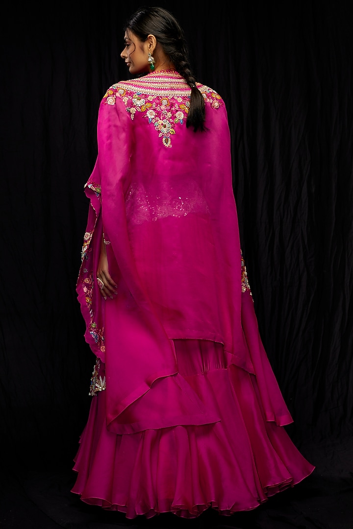 Rani Pink Organza & Silk Embroidered Jacket Bridal Lehenga Set by Minaxi Dadoo at Pernia's Pop Up Shop