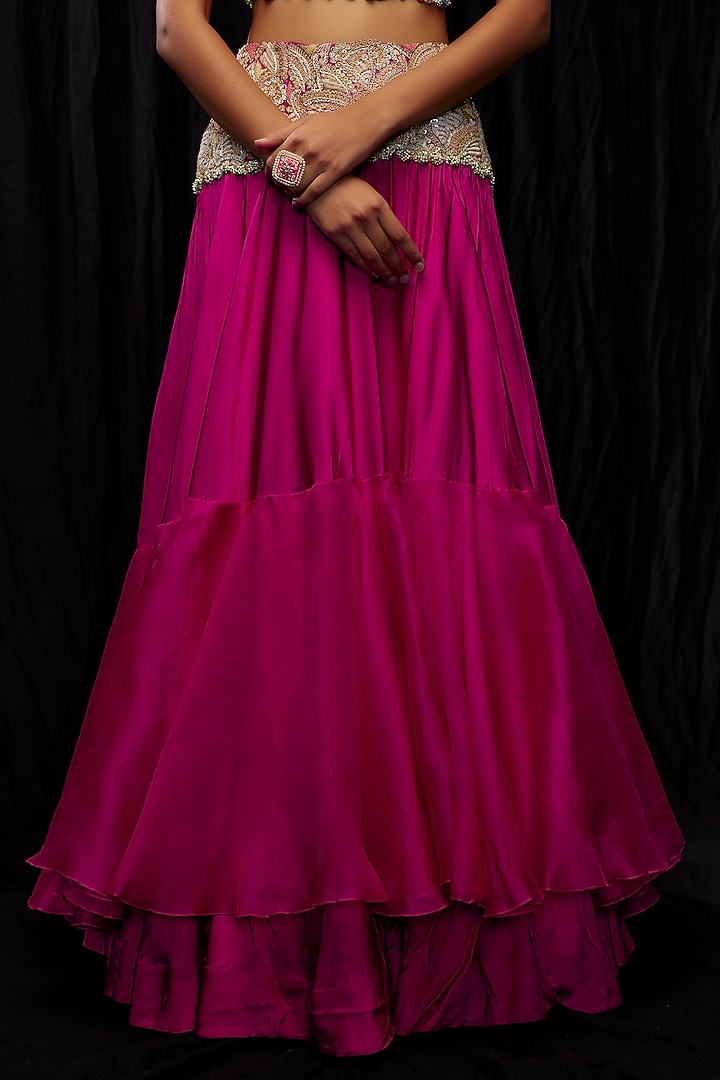 Rani Pink Organza & Silk Embroidered Jacket Bridal Lehenga Set by Minaxi Dadoo at Pernia's Pop Up Shop