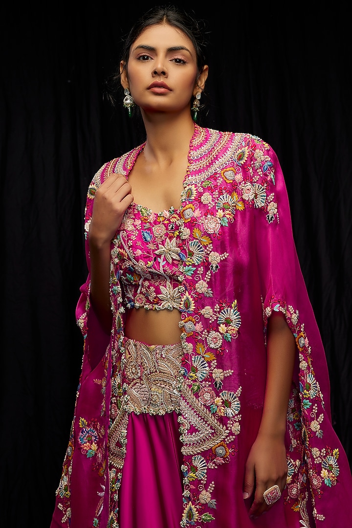 Rani Pink Organza & Silk Embroidered Jacket Bridal Lehenga Set by Minaxi Dadoo at Pernia's Pop Up Shop