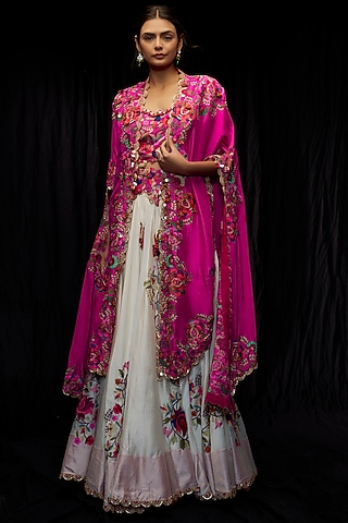 Ivory & Rani Pink Chanderi Embroidered Jacket Lehenga Set by Minaxi Dadoo