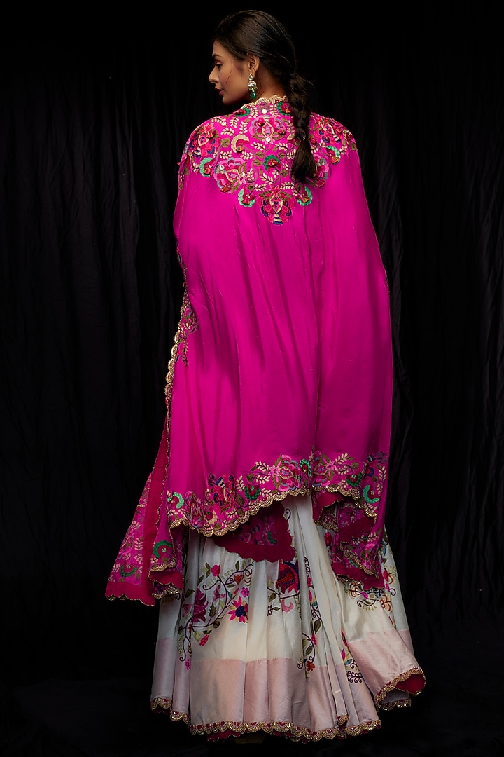 Ivory & Rani Pink Chanderi Embroidered Jacket Bridal Lehenga Set by Minaxi Dadoo at Pernia's Pop Up Shop