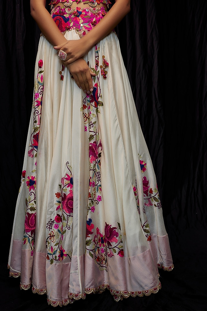Ivory & Rani Pink Chanderi Embroidered Jacket Bridal Lehenga Set by Minaxi Dadoo at Pernia's Pop Up Shop