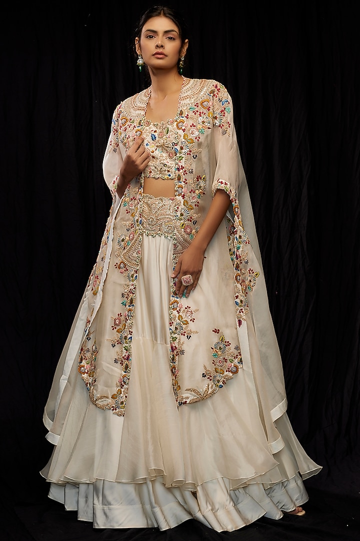 Ivory Organza & Silk Embroidered Jacket Bridal Lehenga Set by Minaxi Dadoo at Pernia's Pop Up Shop