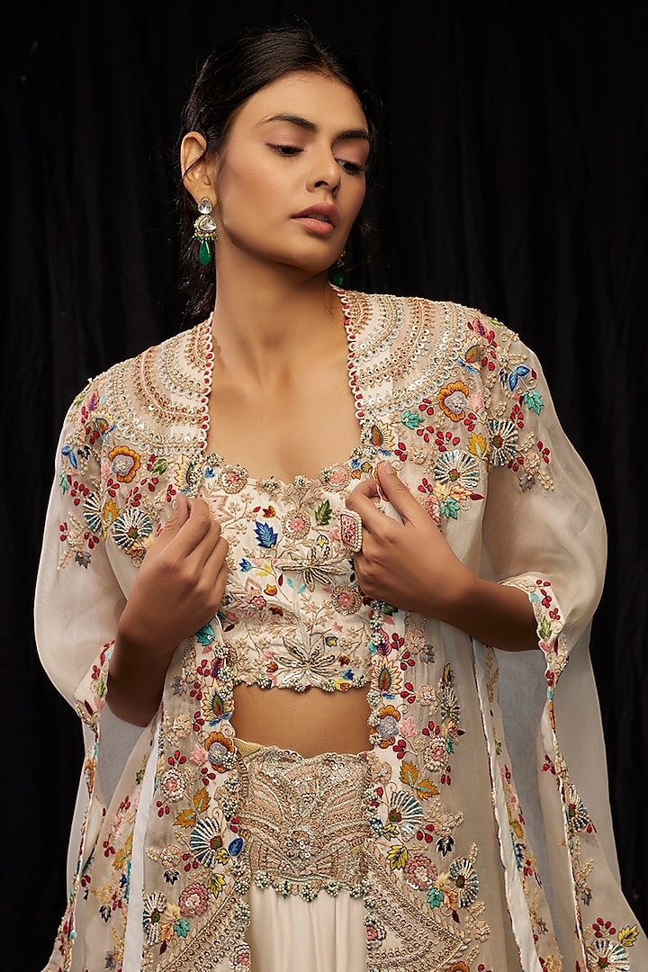 Ivory Organza & Silk Embroidered Jacket Bridal Lehenga Set by Minaxi Dadoo at Pernia's Pop Up Shop