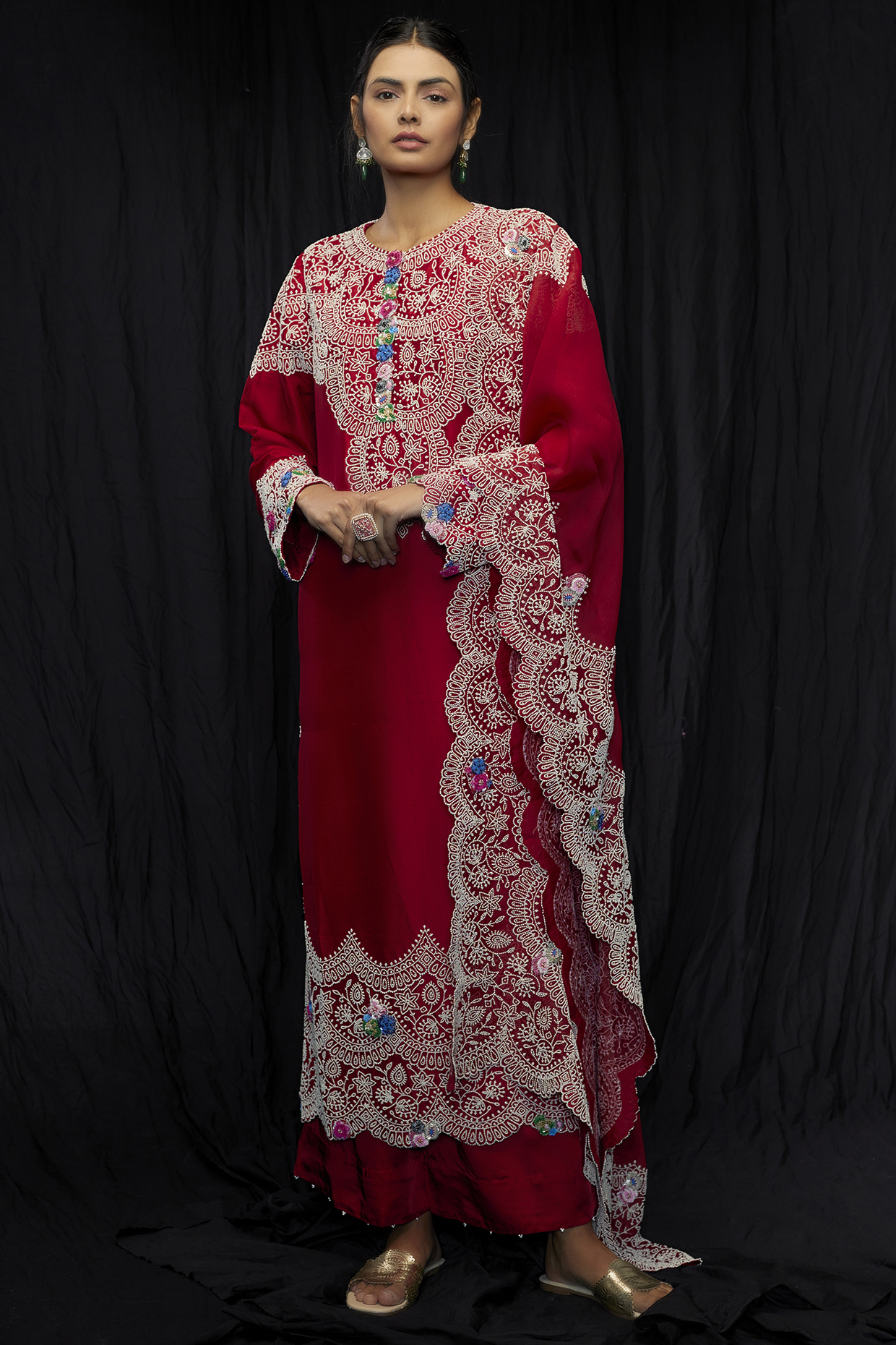 Red Dupion Embroidered Kurta Set by Minaxi Dadoo at Pernia's Pop Up Shop