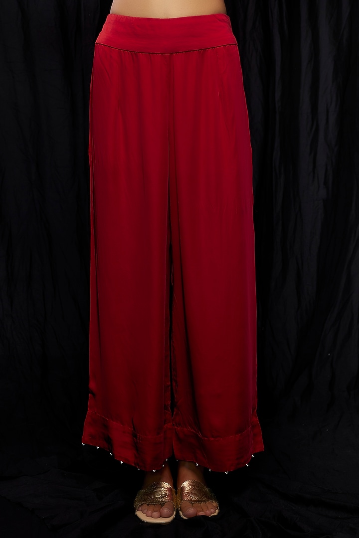 Red Dupion Embroidered Kurta Set by Minaxi Dadoo at Pernia's Pop Up Shop