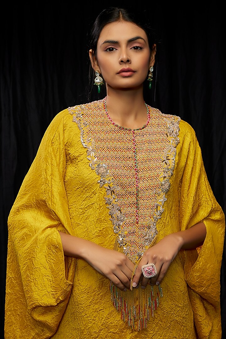 Yellow Dupion Silk Embroidered Crushed Kaftan Set by Minaxi Dadoo at Pernia's Pop Up Shop