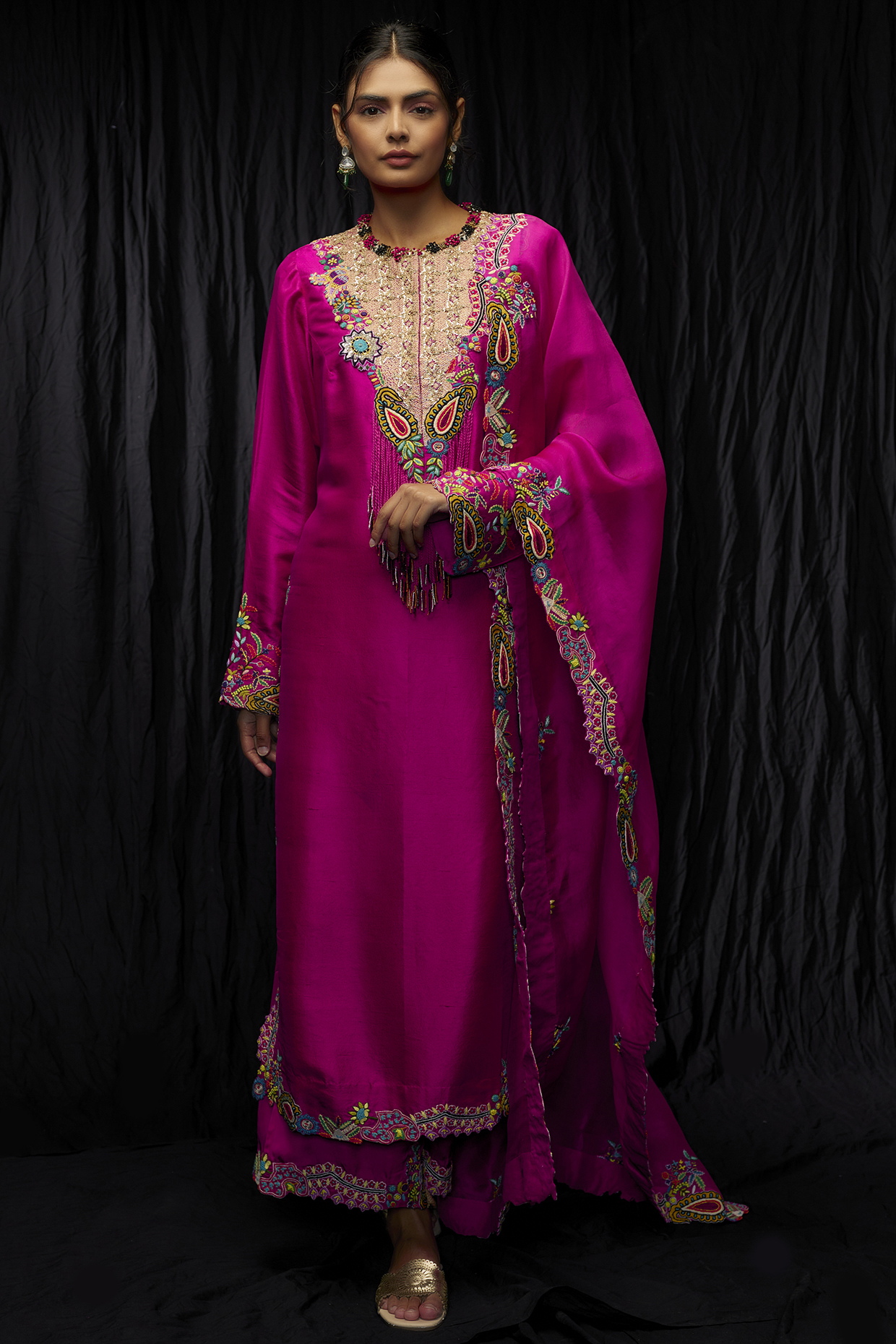 Rani Pink Dupion Embroidered Kurta Set by Minaxi Dadoo at Pernia's Pop Up Shop