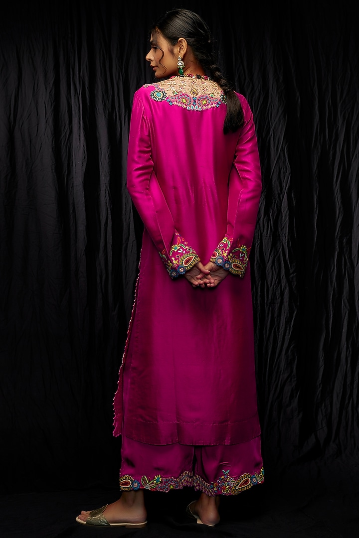 Rani Pink Dupion Embroidered Kurta Set by Minaxi Dadoo at Pernia's Pop Up Shop