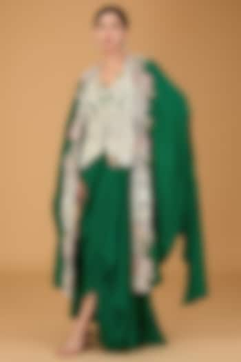 Green Dupion Dori Work Cape Set by Minaxi Dadoo at Pernia's Pop Up Shop