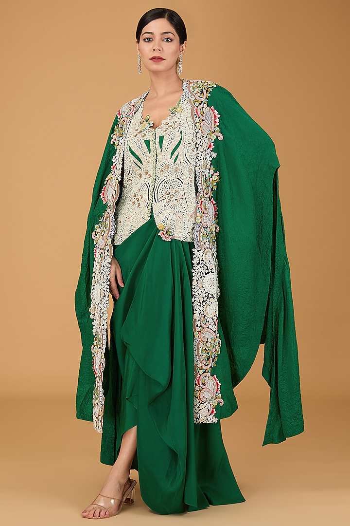 Green Dupion Dori Work Cape Set by Minaxi Dadoo at Pernia's Pop Up Shop