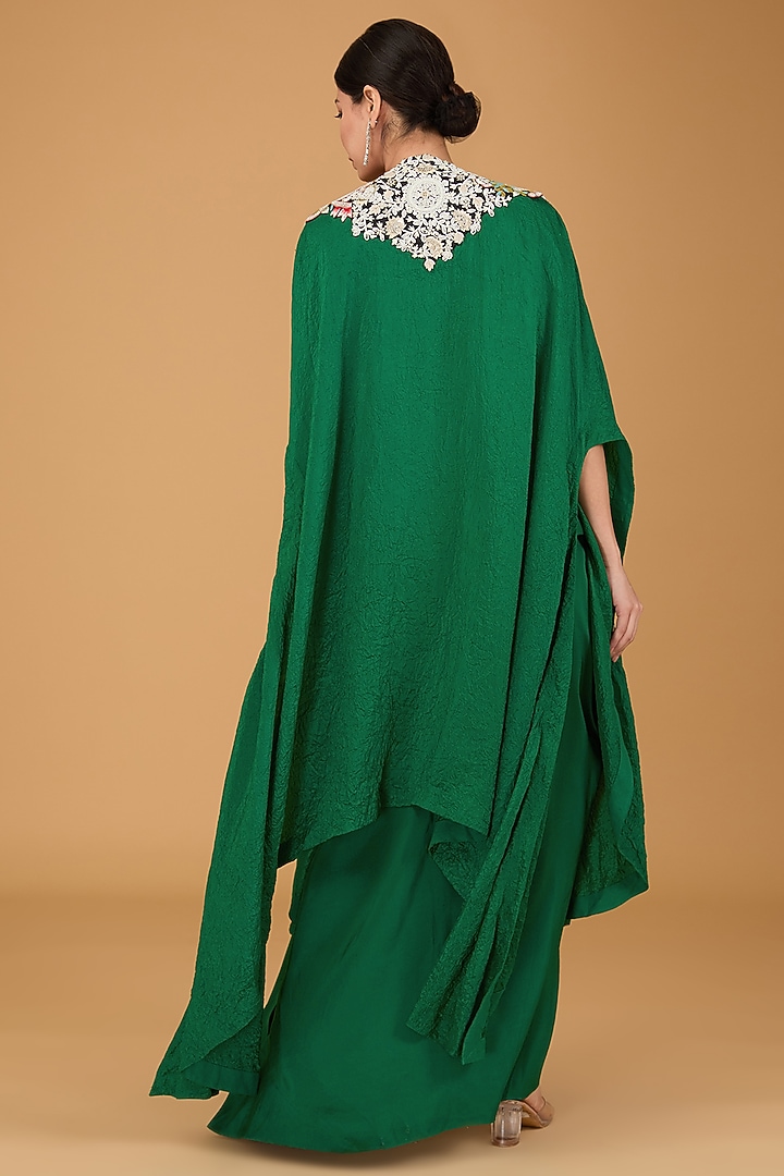 Green Dupion Dori Work Cape Set by Minaxi Dadoo at Pernia's Pop Up Shop