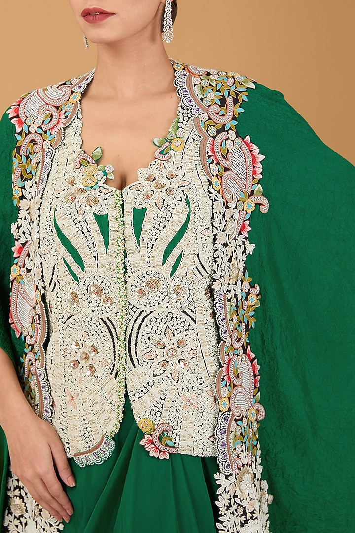 Green Dupion Dori Work Cape Set by Minaxi Dadoo at Pernia's Pop Up Shop