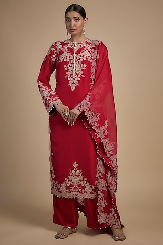 Red Dupion Thread Embroidered Straight Kurta Set by Minaxi Dadoo