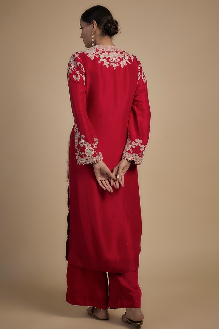 Red Dupion Thread Embroidered Straight Kurta Set by Minaxi Dadoo at Pernia's Pop Up Shop