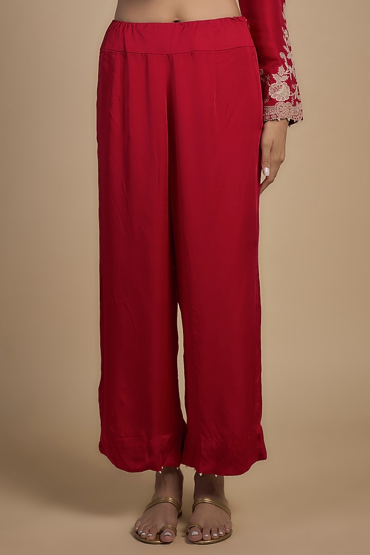 Red Dupion Thread Embroidered Straight Kurta Set by Minaxi Dadoo at Pernia's Pop Up Shop