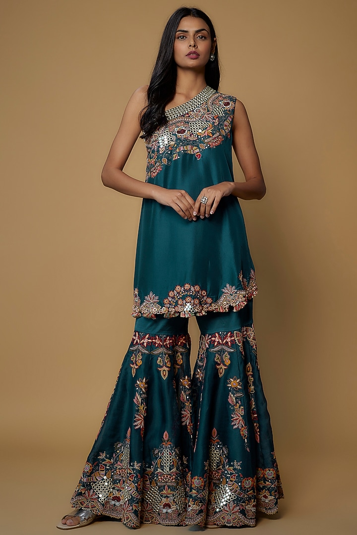 Peacock Blue Organza Gharara Set by Minaxi Dadoo at Pernia's Pop Up Shop