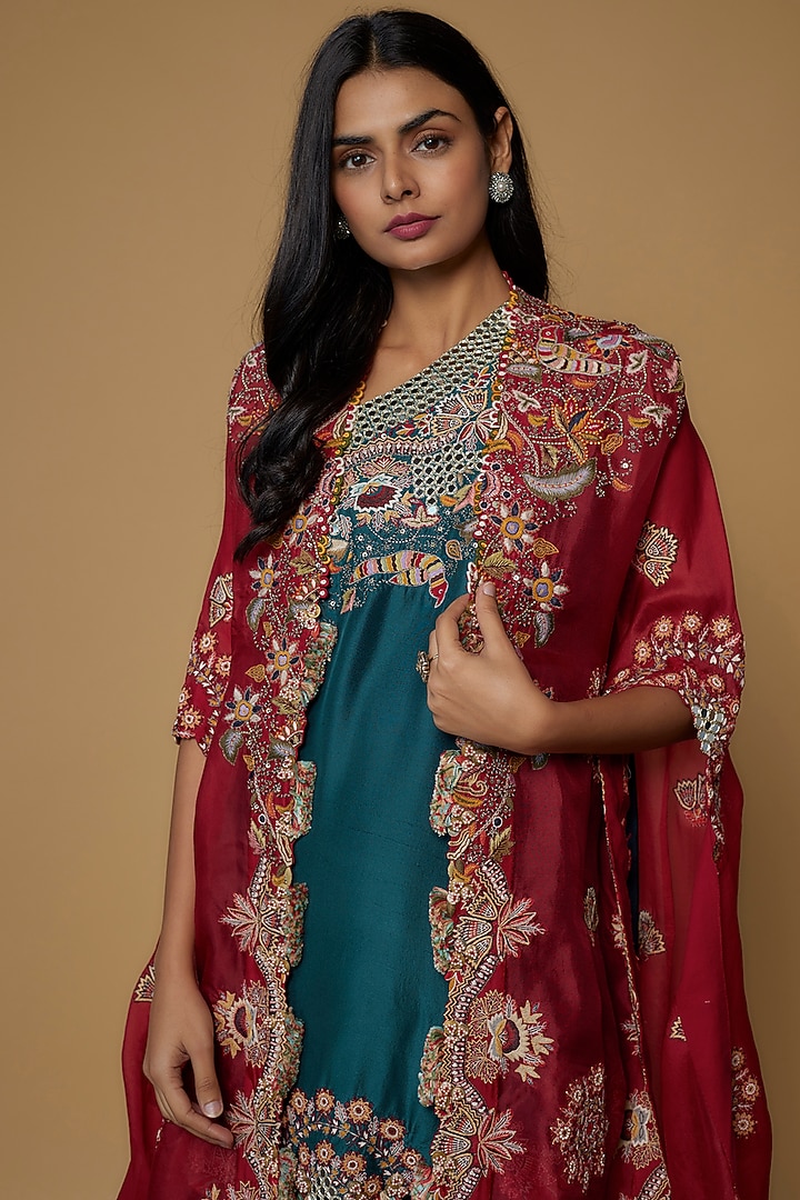 Peacock Blue Organza Gharara Set by Minaxi Dadoo at Pernia's Pop Up Shop