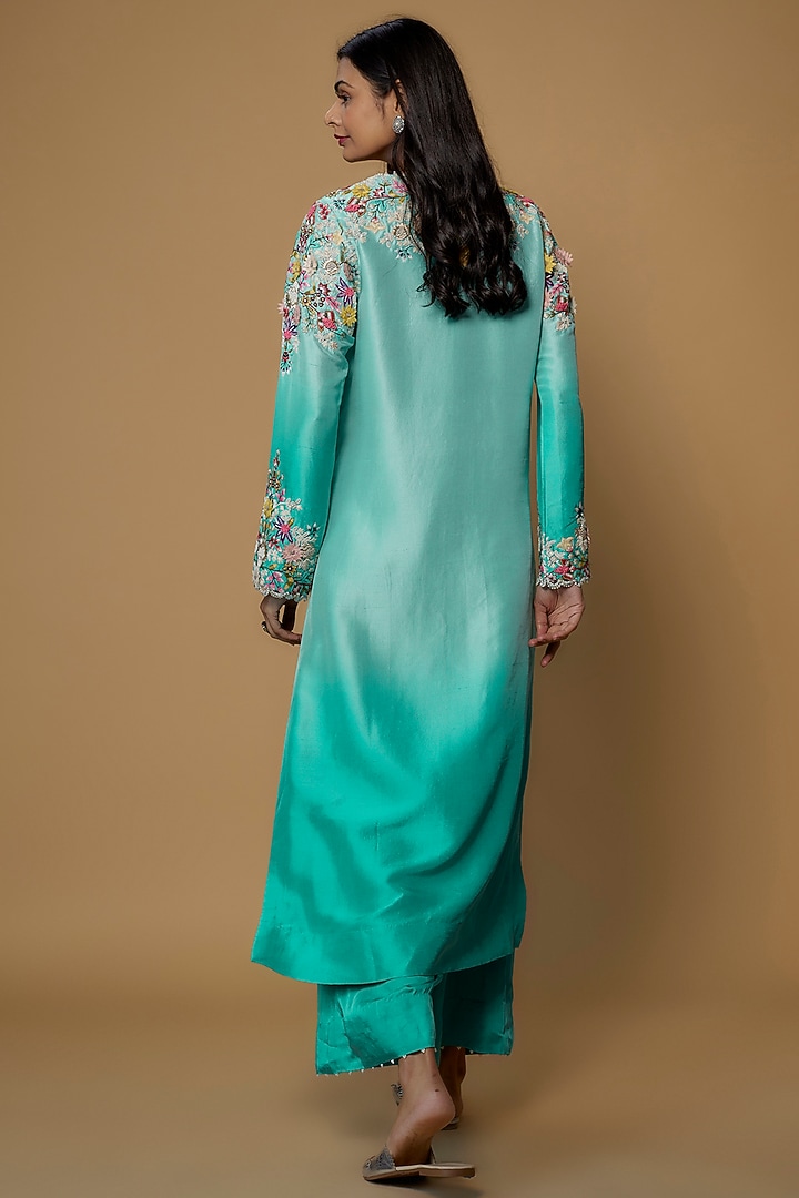 Firozi Blue Dupion Embroidered Kurta Set by Minaxi Dadoo at Pernia's Pop Up Shop