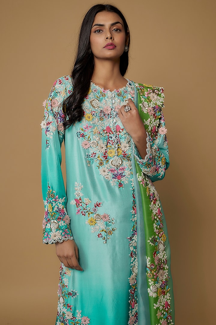 Firozi Blue Dupion Embroidered Kurta Set by Minaxi Dadoo at Pernia's Pop Up Shop