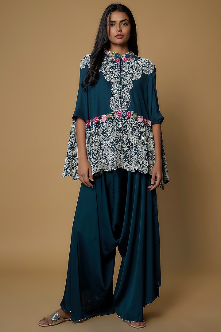 Peacock Blue Dupion Embroidered Cape Set by Minaxi Dadoo at Pernia's Pop Up Shop