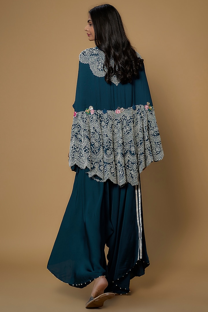 Peacock Blue Dupion Embroidered Cape Set by Minaxi Dadoo at Pernia's Pop Up Shop