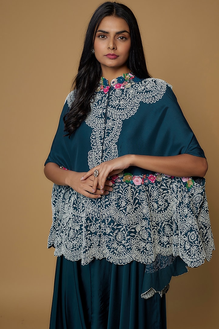 Peacock Blue Dupion Embroidered Cape Set by Minaxi Dadoo at Pernia's Pop Up Shop