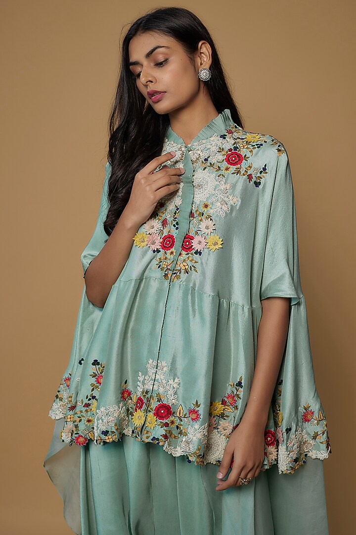 Powder Blue Dupion Embroidered Cape Set by Minaxi Dadoo at Pernia's Pop Up Shop