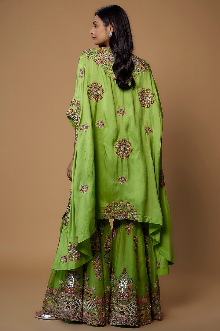 Green Dupion Embroidered Cape Set by Minaxi Dadoo at Pernia's Pop Up Shop