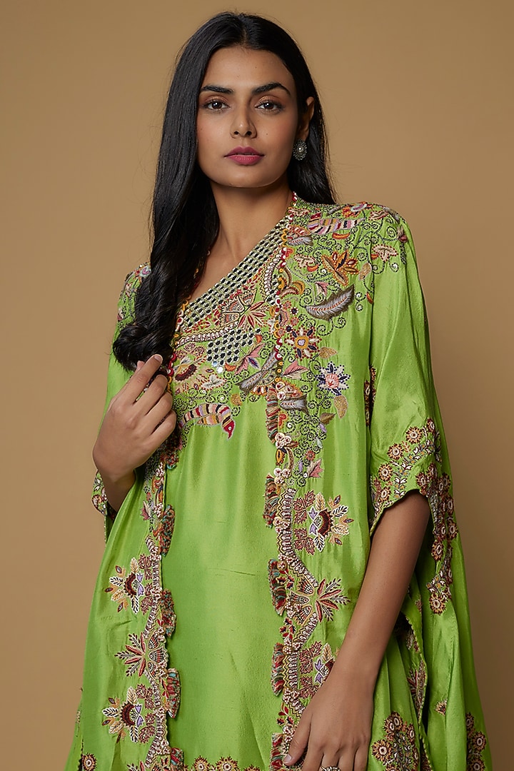 Green Dupion Embroidered Cape Set by Minaxi Dadoo at Pernia's Pop Up Shop