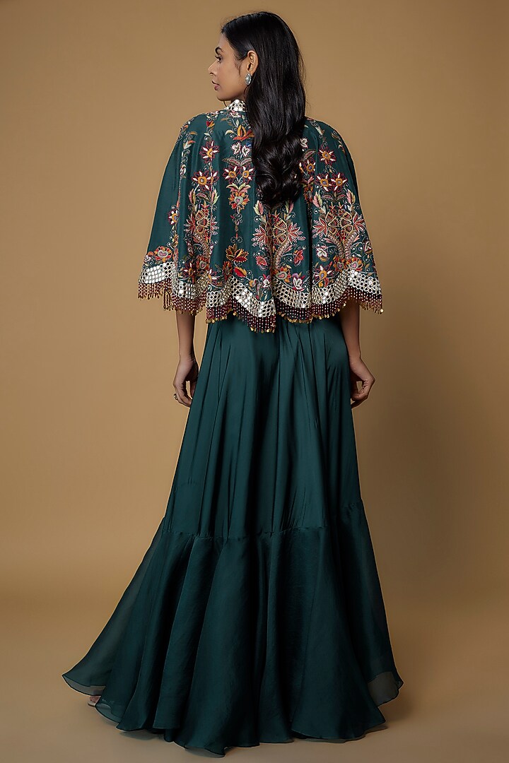 Peacock Blue Satin & Organza Tiered Skirt Set by Minaxi Dadoo at Pernia's Pop Up Shop