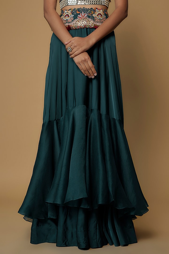 Peacock Blue Satin & Organza Tiered Skirt Set by Minaxi Dadoo at Pernia's Pop Up Shop