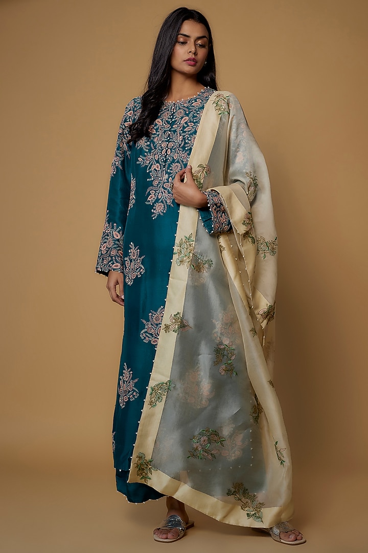 Peacock Blue Dupion Embroidered Kurta Set by Minaxi Dadoo at Pernia's Pop Up Shop
