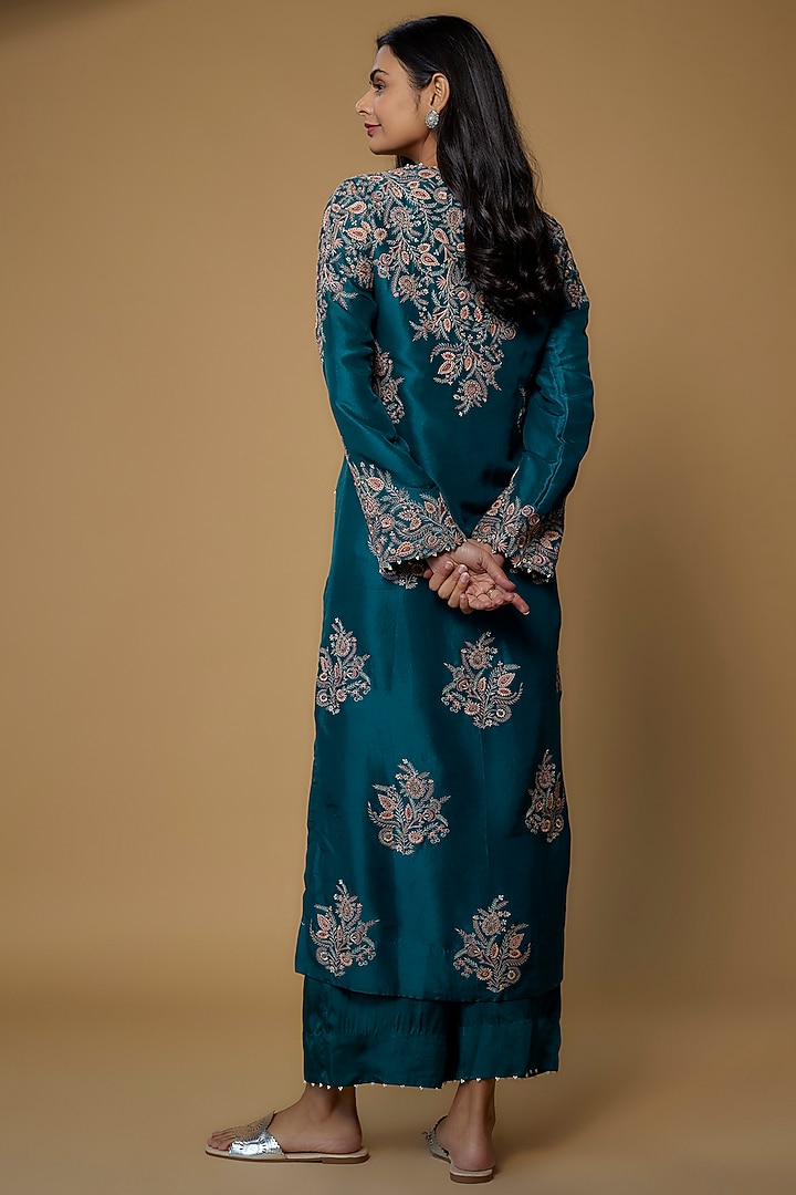 Peacock Blue Dupion Embroidered Kurta Set by Minaxi Dadoo at Pernia's Pop Up Shop