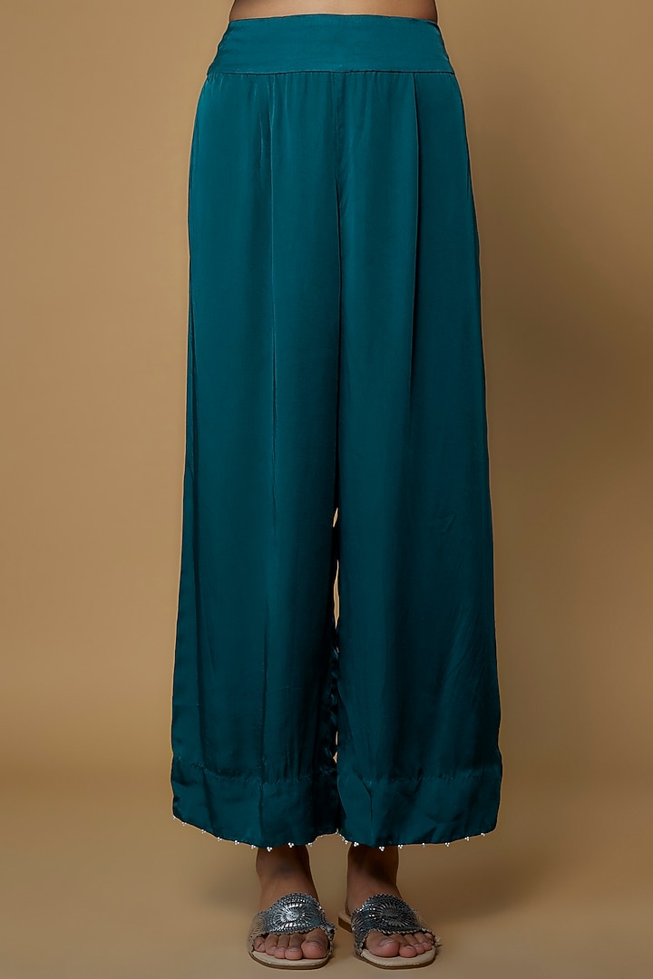 Peacock Blue Dupion Embroidered Kurta Set by Minaxi Dadoo at Pernia's Pop Up Shop