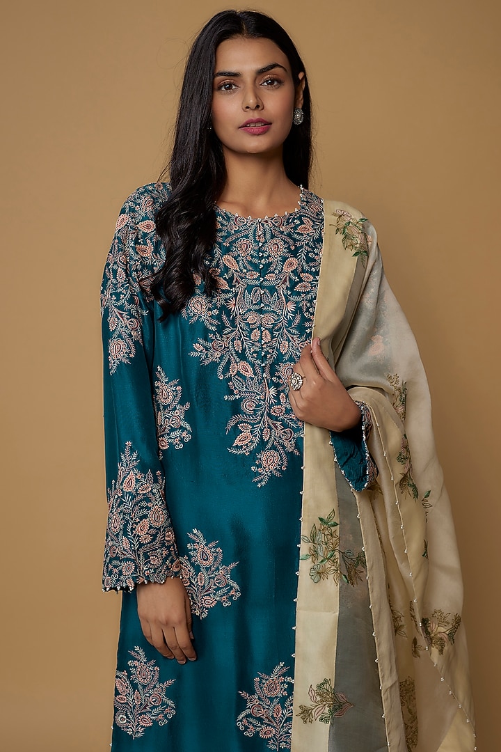 Peacock Blue Dupion Embroidered Kurta Set by Minaxi Dadoo at Pernia's Pop Up Shop