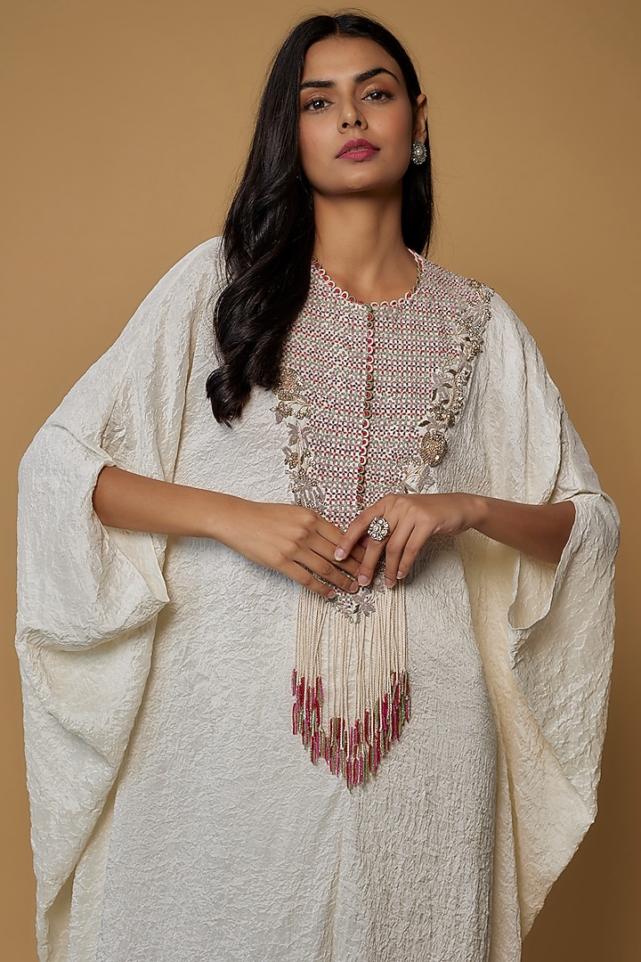 Ivory Dupion Embroidered Crushed Kaftan Set by Minaxi Dadoo at Pernia's Pop Up Shop