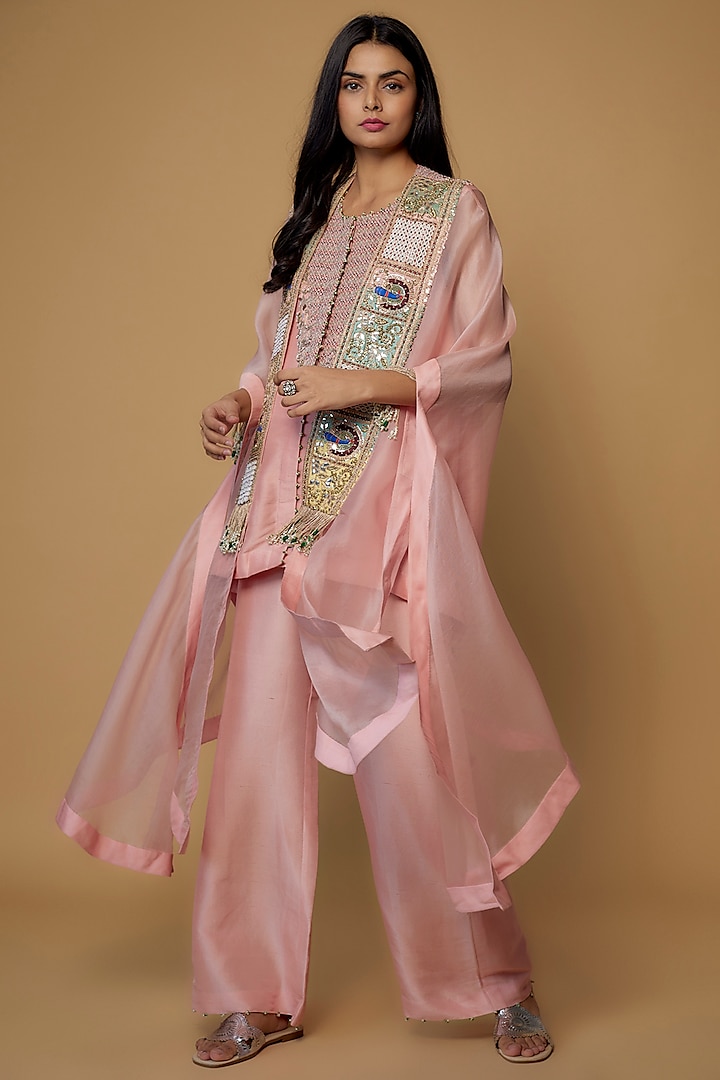 Pink Organza Embroidered Cape Set by Minaxi Dadoo