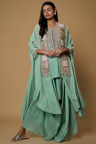 Powder Blue Habutai Silk Crushed Cape Set by Minaxi Dadoo