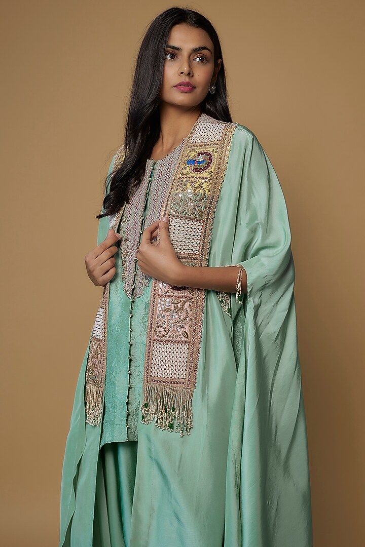 Powder Blue Habutai Silk Crushed Cape Set by Minaxi Dadoo at Pernia's Pop Up Shop